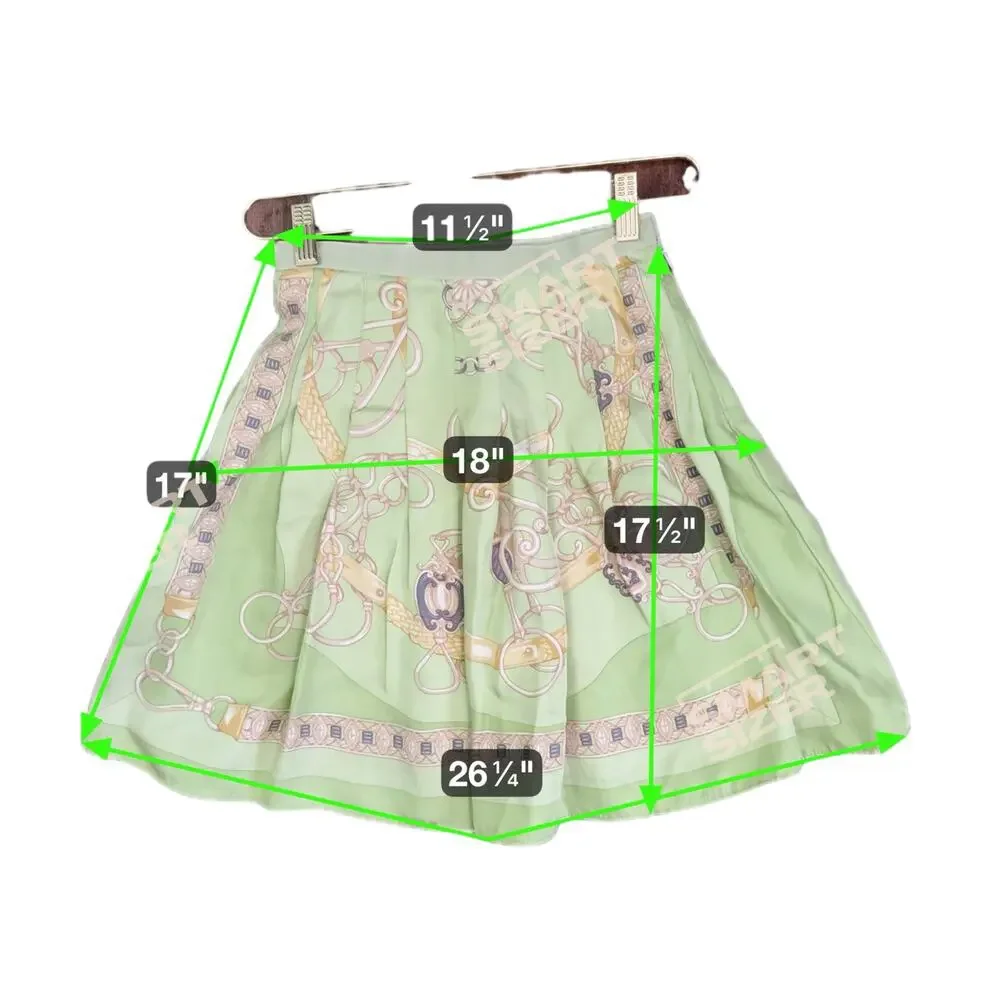 J. McLaughlin 100% Silk Pleated Mini Skirt Green Women 6 Lined‎ Chain Print